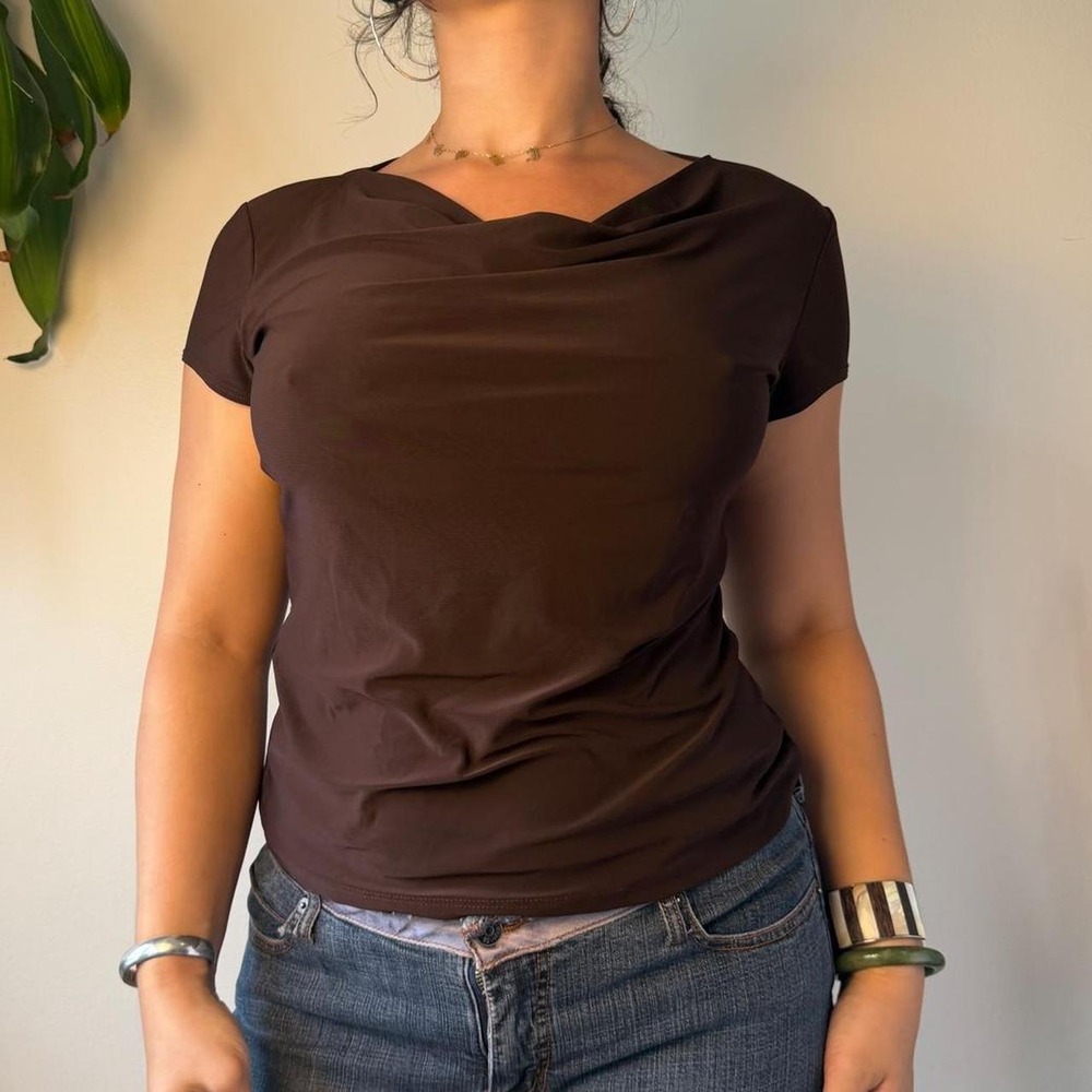 Suzie in the City Brown Cowl Neck Slinky Blouse Y2K 90s Top Large